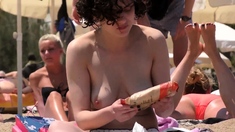 Beauty Brunette Lass Topless Beach Voyeur Public Nude Boobs