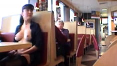 Busty Babe Flashing In A Restaurant