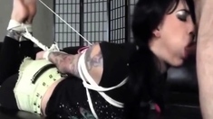Asian whore blindfolded, gagged and used as a cum dumpster